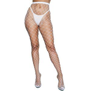 Wide Diamond Net Pantyhose - White